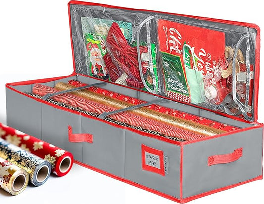 HOLDN’ STORAGE Premium Wrapping Paper Storage Container, Grey/Red Trim | Durable 600D Tear-Proof, Fits 27 Rolls Gift Wrap, Extra Pockets for Ribbons & Bows, Underbed Storage