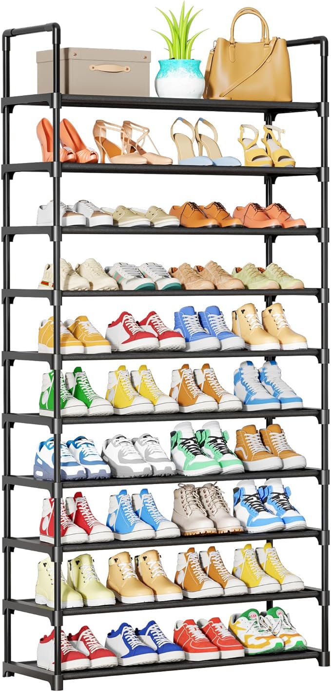 Kitsure Shoe Rack - 10-Tier Shoe Organizer with Detachable Fabric Shelves & Metal Frame, Tall Shoe Rack for Closet, Entrance, Living Room, 32.0" Wide - 10 Tier, Black