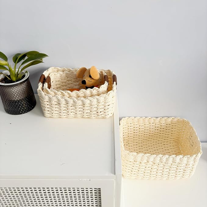Small baskets for Organizing,Cute woven Storage basket with recycled paper rope for Shelves Bathroom,Little decorative basket,Set of 3 (Beige)