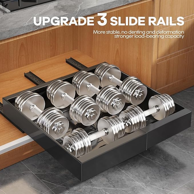 Seinloes 2 Pack Expandable Pull Out Cabinet Organizer 16.5"Deep With Raising Pad for Framed Cabinets,Upgrade 3 Slide Rails Slide Out Drawers,No Drill Roll Out Shelves,Adjustable Width 12.2"-20.4"Black