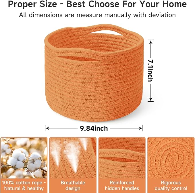 3 Pack Small Rope Storage Baskets, 9.82×9.82×7.1", Orange | Cotton Basket for Gifts Empty, Cute Round Woven Basket, Decorative Shelf Basket Organizer, Organizing Basket for Shelves