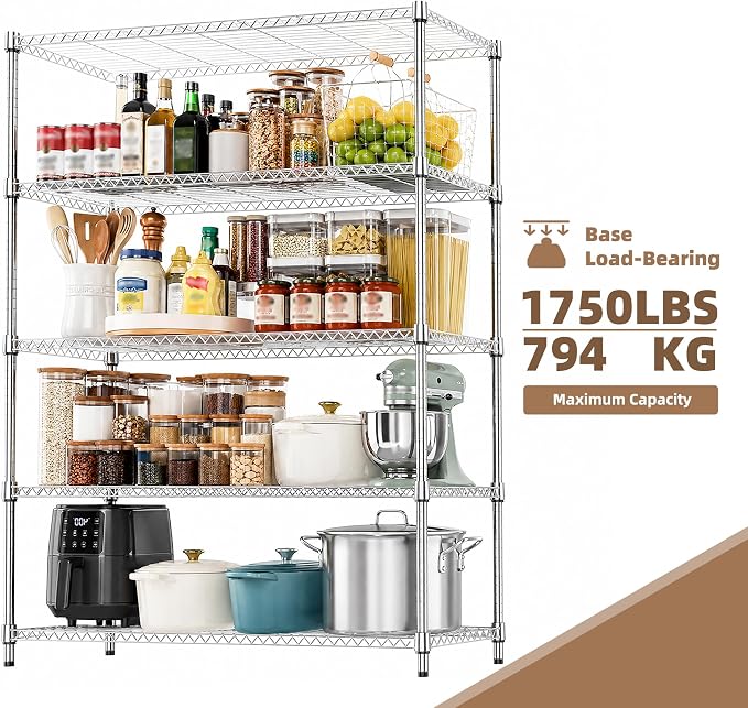 M MZG 5-Shelf Heavy Duty Garage Shelving Wire Adjustable Storage Rack for Kitchen Laundry Bathroom Pantry 1750 lbs Capacity Silver 17.7 x 47.3 x 72.4 Inch