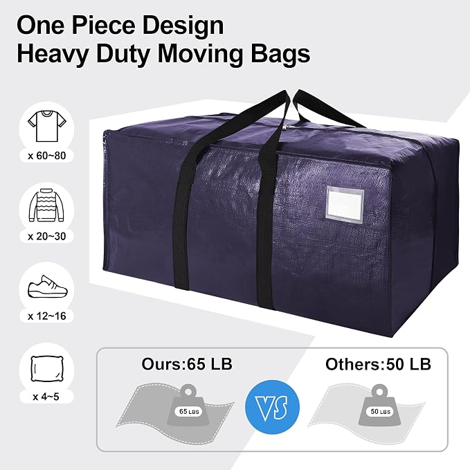 VELVETSURE 12 Pack Heavy Duty Extra Large Moving Bags W/Backpack Straps - Strong Handles & Zippers, Storage Totes For Space Saving, Fold Flat, Alternative to Moving Box and Storage Bin, Blue