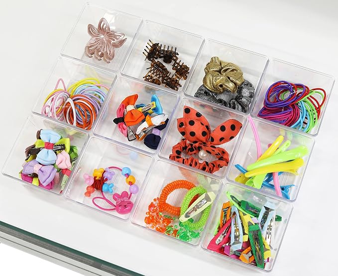 Simple Houseware Clear Desk Drawer Organizer, 3.25"x 3.25", 12 Packs | For Desk, Office, Bathroom, Makeup, and Craft Storage