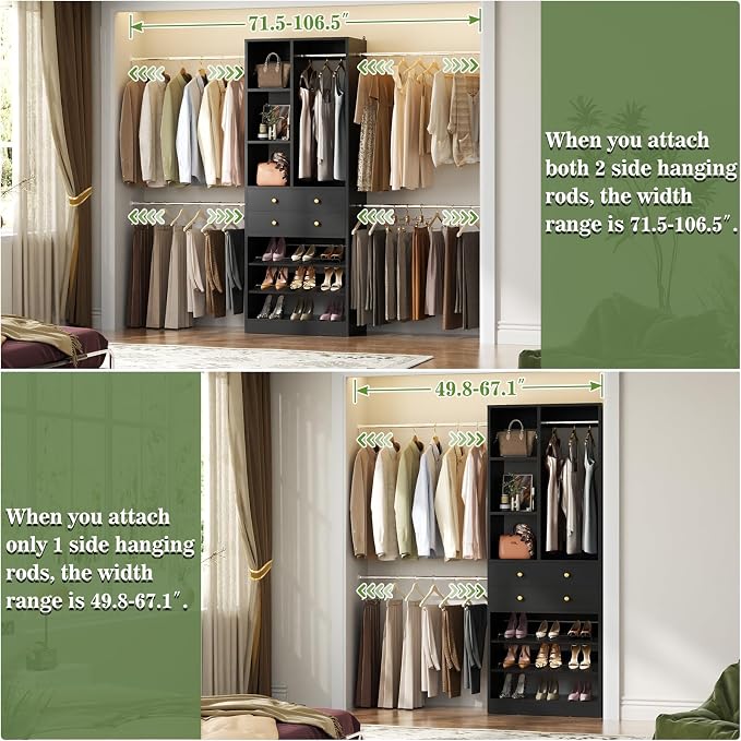 Besiost Closet System, 4.2–8.8 FT Closet Organizer with 2 Wooden Drawers and Shelves, Walk-in Closet System with 5 Hang Rods, Built-in Reach in Closet Tower, Can Fit 60 to 96 inch, Black