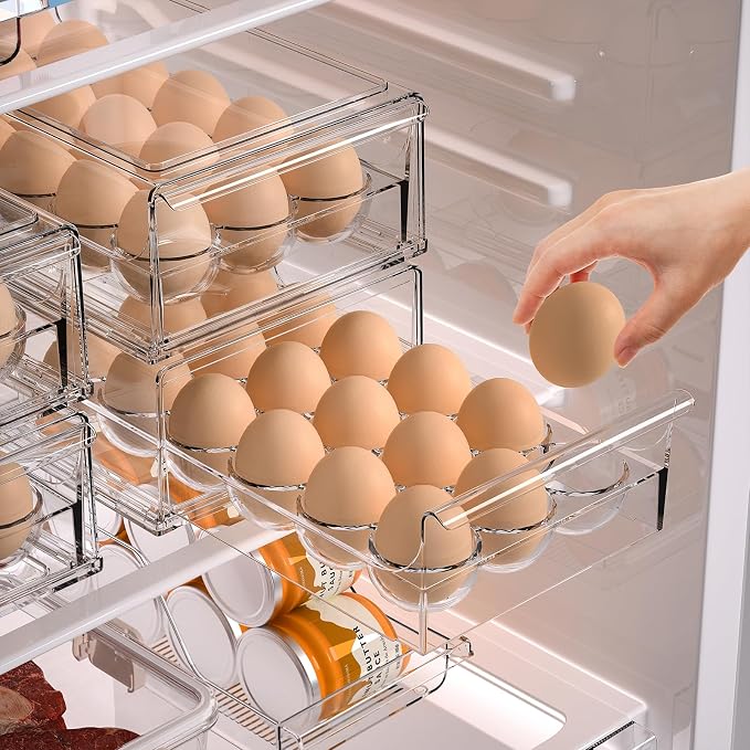 Ettori Egg Container for Refrigerator BPA Free Refrigerator Organizer Bins,Stackable Egg Holder for Refrigerator,18 Egg Tray,Clear