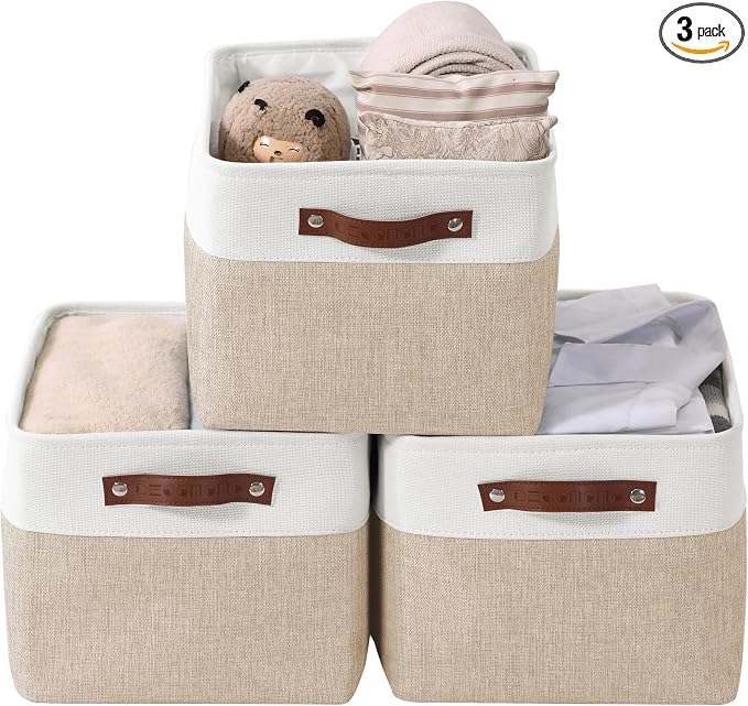 DECOMOMO Storage Bins, Extra Large Fabric Storage Baskets for Shelves 3Pack | 15.8 x 12.5 x 10 inches Decorative Linen Closet Organizers (Beige & White)