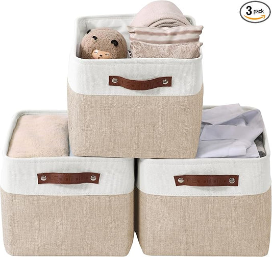 DECOMOMO Storage Bins, Extra Large Fabric Storage Baskets for Shelves 3Pack | 15.8 x 12.5 x 10 inches Decorative Linen Closet Organizers (Beige & White)