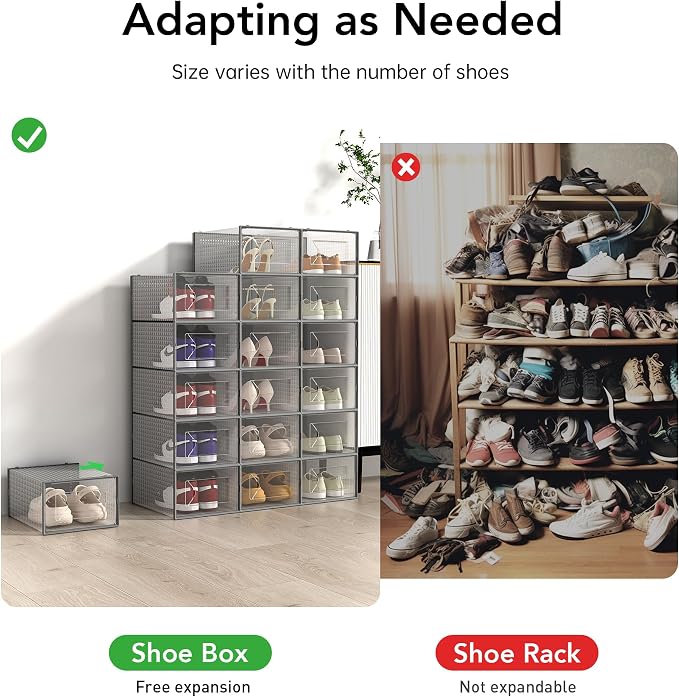 Foluck X-Large Shoe Storage Box, 15 Pack Clear Plastic Stackable Shoe Organizer for Closet, Interlocking Design Shoe Container Bins for Sneakers, Foldable Shoe Rack with Lids, Gray