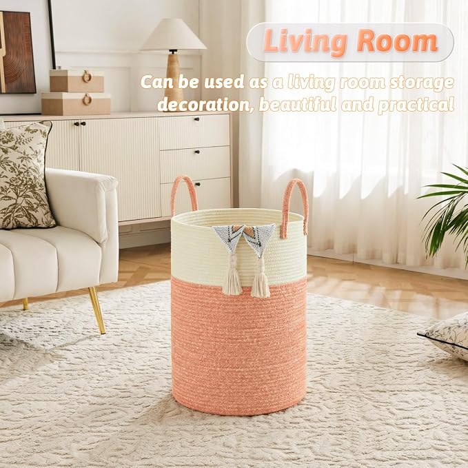 Laundry Basket,Woven Cotton Rope Laundry Hamper,100L for Decor Storage of Dirty Clothes,Toys and Blankets in Bathroom,Baby Room and Living Room