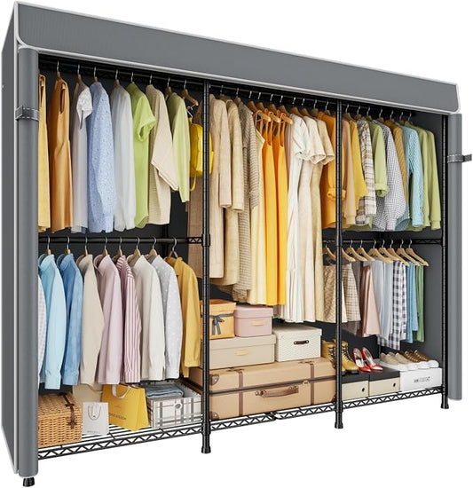 E14C Pro Heavy Duty Closet Organizer System，Freestanding Clothing Racks for Hanging Clothes，Adjustable Garment Rack 69" W × 16" D × 77" H Hold 960 lbs，Black Rack with Grey Dustproof Cover