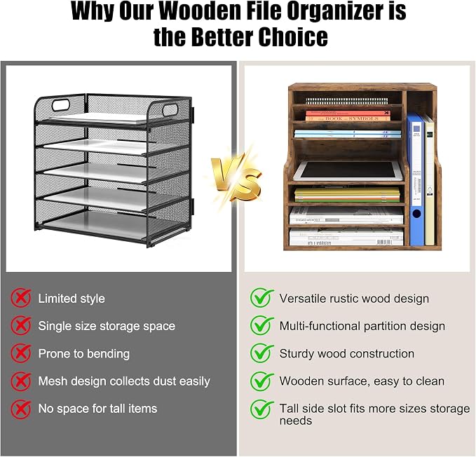 Wood Desktop File Holder Organizer Mail Sorter for File Folders, Mails, Envelopes or Magazines, 8 Compartments (Brown)