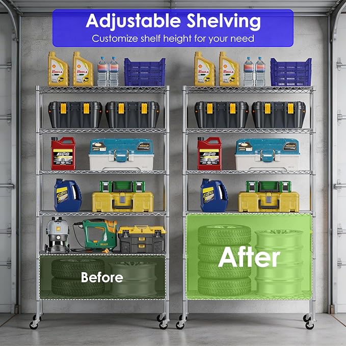 FDW | 6-Tier Wire Shelf with Wheels | 45" x 18" x 82" | Chrome | Storage Shelves with Adjustable Racks, Holds upto 510 lbs | Rust-Resistant, No-Tool Assembly | For Home, Garage