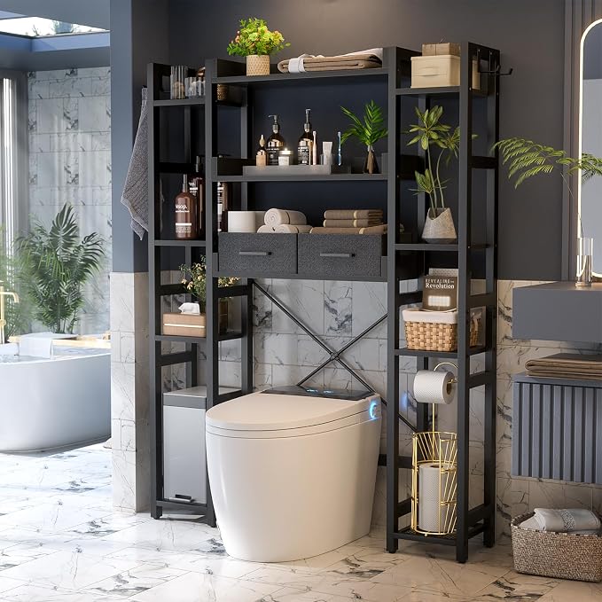 Besiost Over The Toilet Storage, 11 Tier Bathroom Organizer with Dual Side Racks and 2 Fabric Drawers, Adjustable Freestanding Rack Space Saver for Small Spaces, Black