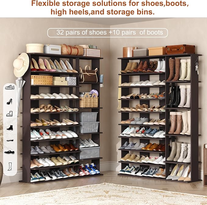 HOMEFORT 10 Tiers Shoe Rack, 50 Pairs Large Shoe Shelf, 61.8" Tall Shoe Tower, Freestanding Shoe Rack Organizer with Open Shelves, Wood Shoe Stand for Boot Storage, for Closet, Entryway, Espresso