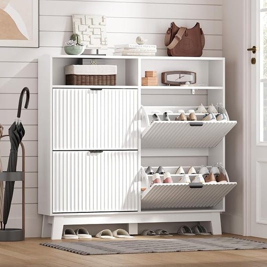 Shoe Cabinet Storage for Entryway with 4 Flip Drawers, Fluted Narrow Shoe Organizer with Wooden Legs & Top Cubby, Freestanding Slim Shoe Storage Hidden Shoe Rack for Front Door Entrance, White