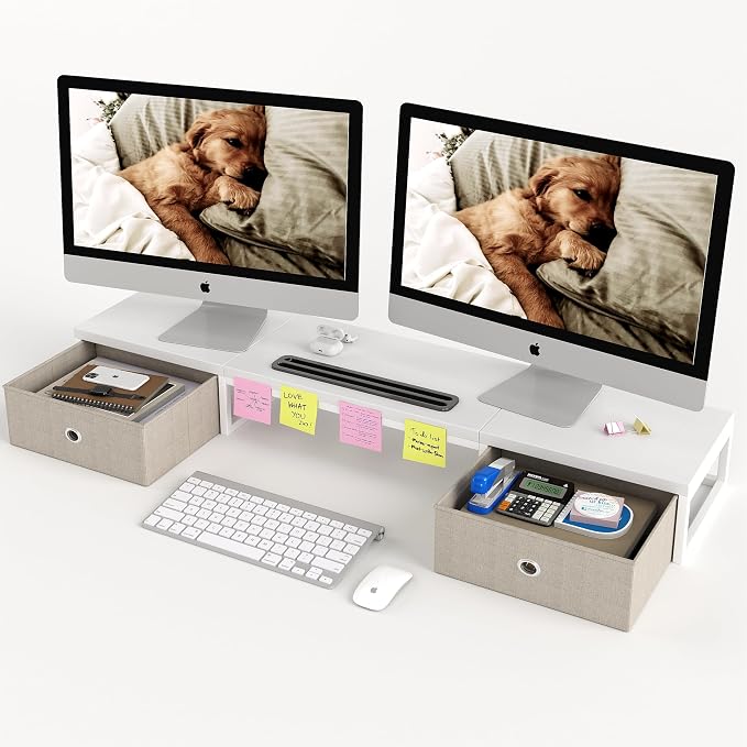 39 Inch Dual Monitor Stand Riser with 2 Drawers - Large White Wooden Computer Stand for 2 Monitors, Ergonomic Desk Organizer with Phone Holder, Desktop Storage for Laptop, Office Supplies, Home Office