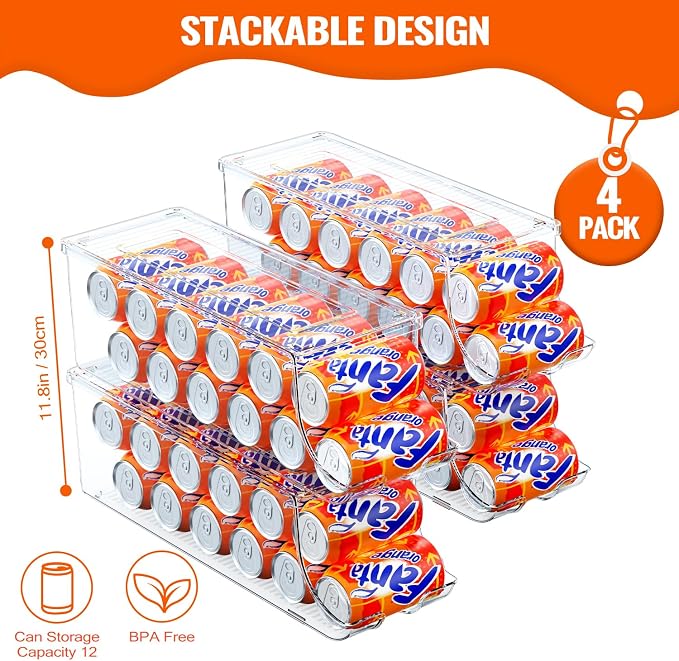 SCAVATA 4 Pack Soda Can Organizer for Refrigerator, Stackable Canned Food Pop Cans Container Can Holder Dispenser with Lid for Fridge Rack Freezer, Clear Storage Bins-Holds 12 Cans Each (Transparent)