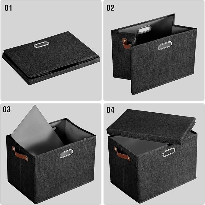 15" Large Collapsible Storage Bins with Lids, Stackable Closet Organizers with PU Handle and Labels, 3-Pack Decorative Fabric Storage Boxes for Home, Bedroom, Closet, Office, Nursery(Black)