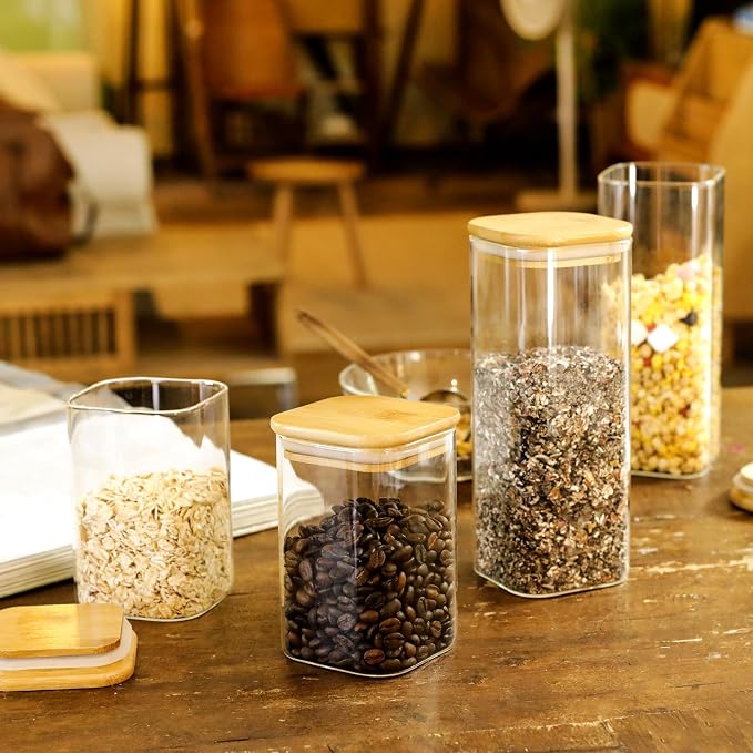 LIBWYS 12-Pack Square Glass Storage Jars with Bamboo Lids (0.6Qt/1.06Qt) - Stackable Food Containers for Pantry Organization, Coffee, Flour, Snacks, Tea | Kitchen Canisters Set | Stackable Dry Food Containers for Pantry Organization, Coffee, Flour, Sna...