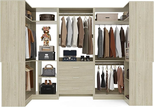 Aheaplus Closet System with 3 Drawers, 5 Hanging Rods & Corner Tower, Corner Closet System with Hanging, 88.8" U-Shaped Walk-In Wardrobe Organizer, 2000+ lbs Capacity, Set of 3, White Oak