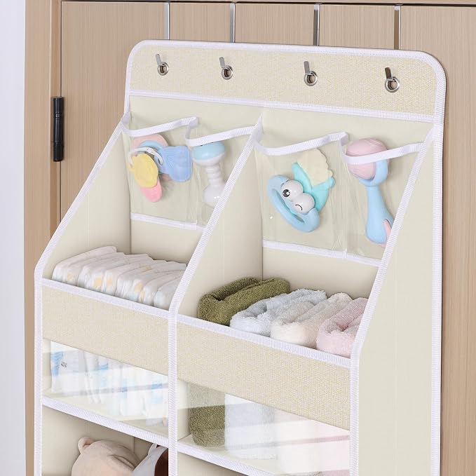 Univivi Upgraded Over Door Organizer for Baby Stuff, Beige Pattern, 6-Shelf | Fabric Behind Door Storage with Clear Window Deep Pockets, Over Door Hanging Organizer for Baby Essential, Bedroom, and Dorm