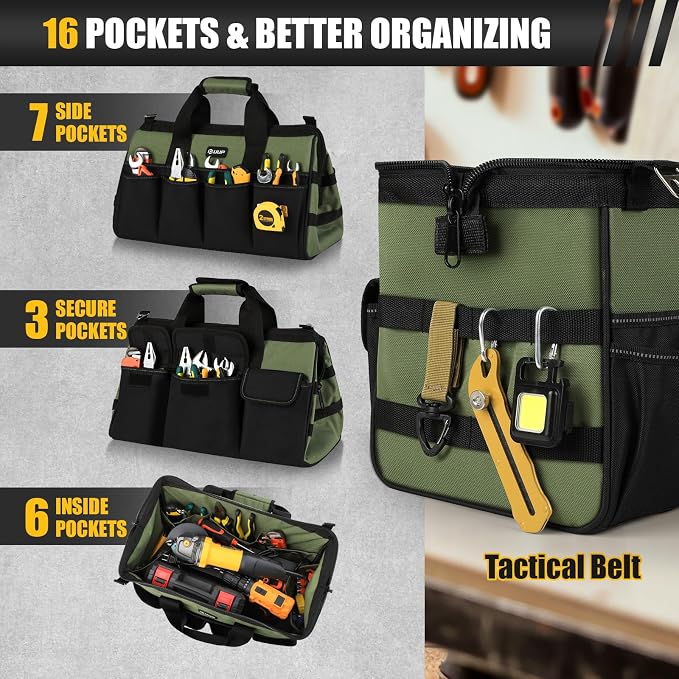 UUP 18-Inch Large Tool Bag, 16-Pocket Portable Tool Box Organizer Storage, Heavy Duty Tactical Toolbag with Big Zipper, Travel Carry Toolbox, Father Day Dad Men Electrician Contractor Welding Gift | 16 Pockets & MOLLE. Detachable Strap & Handle. Non-sl...