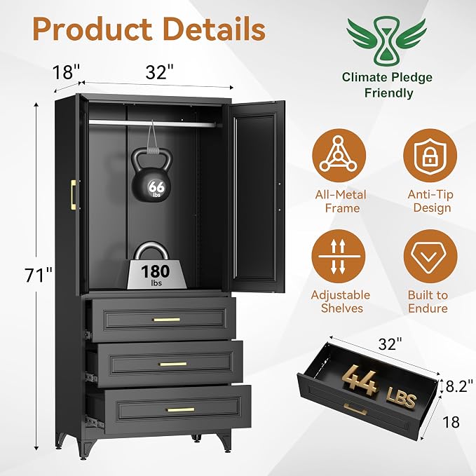Polup 71" Black Metal Armoire Wardrobe Closet with Doors and 3 Drawers | Freestanding Heavy Duty Steel Clothing Storage Cabinet, Hanging Rod, 180lbs Adjustable Shelves, for Office, Bedroom & Garage