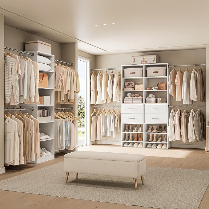 W2 Closet System with 2 Drawers, 3.5FT-7.7FT Closet Organizer System with 4 Chrome-Plated Telescopic Rods & 5 Adjustable Shelves, Custom Wood Walk-In Closet Clothing Rack, White
