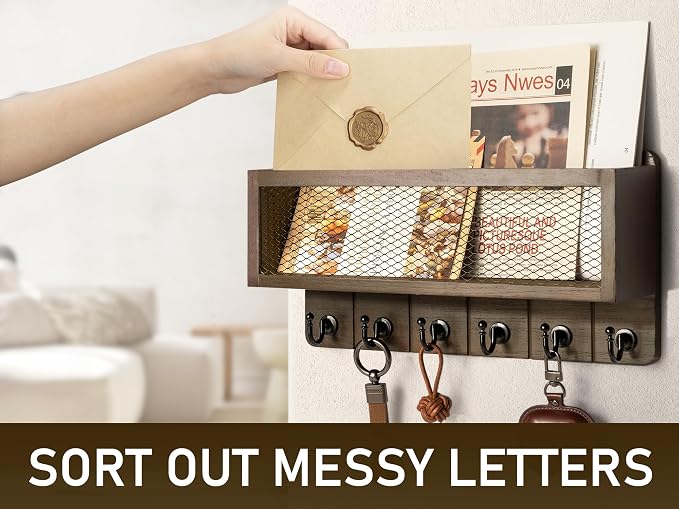 Rebee Vision Key Holder Wall Mount with 6 Hooks for Entryway, Retro Brown | Key Holder for Wall, Mesh Storage Basket, Solid Wood Key Rack, Letter Storage, Mail Organizer, Space-Saving Home Organizer