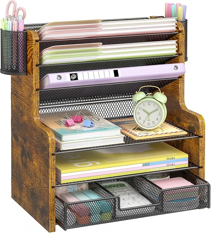 DAOUTIME 6-Tier Mesh Desk Organizer with Drawer, Wooden Office Organizer for Papers, Folders & Office Supplies - Sturdy Desktop File Holder with 2 Pen Holders - Space Saving Home Office Accessories