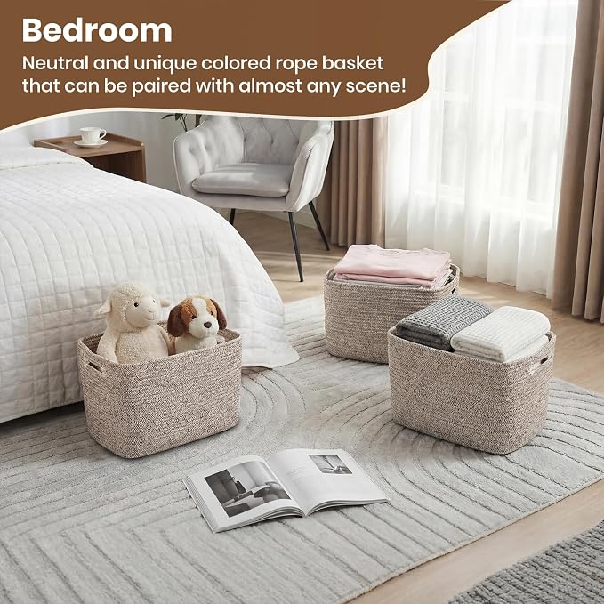 Storage Baskets for Organizing, 14 x 10 x 9” Closet Shelf Woven Baskets, Square Bins with Handles, Cotton Rope Basket for Clothes, Office, Room, Brown 4 Pack