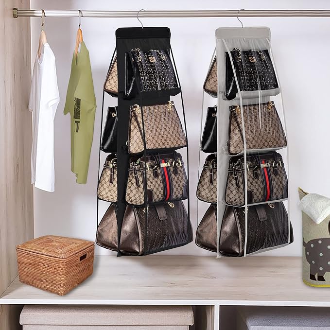 Lirex 8-Pocket Hanging Purse Organizer for Closet - Oxford Cloth Storage System with Double Layer Protection (39.37" x 13.38"),Grey
