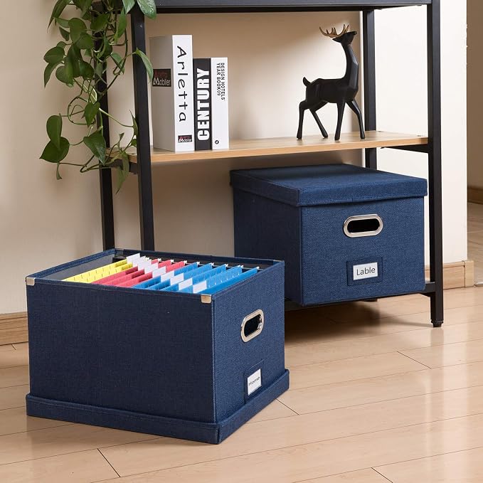 File Organizer Box - Set of 1 Collapsible Decorative Linen Filing Storage Hanging File Folders with Lids Office Cabinet Letter/Legal Size Navy Blue (17x14x11.2 inch)