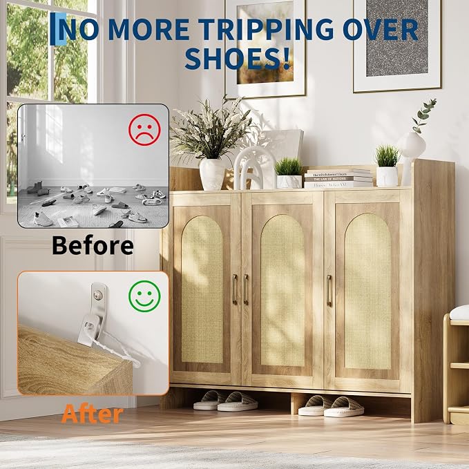 Garvee Shoe Cabinet Storage for Entryway, Rattan Shoe Rack with 3 Doors | Farmhouse Boho Wood Shoe Organizer Cabinet for Entrance Hallway Living Room Foyer