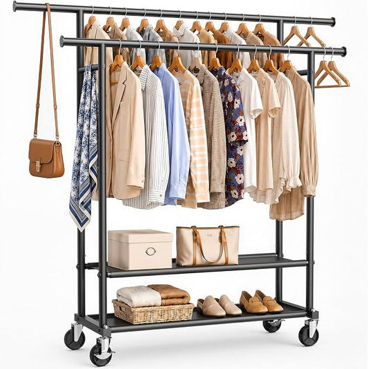 Portable Clothes Rack Rolling Garment Rack with Wheels 260LBS Black | Clothing Rack Hanging Clothes,Closet Rack Double Shelves Double Rods, Metal Garment Rack for Bedroom Laundry Living room