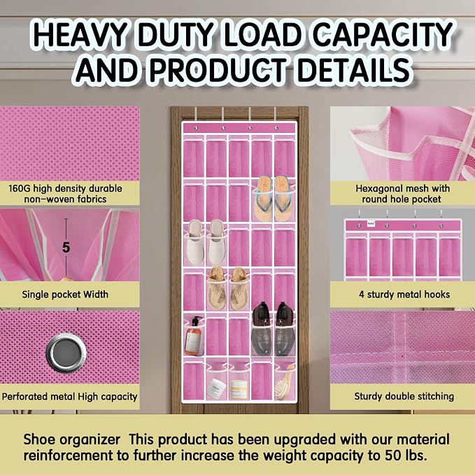 Kotkn Over the Door Shoe Organizer with 30 Breathable Mesh Pockets - Large Capacity Closet Storage for Men & Women, Hanging Shoe Rack Organizer (Pink)