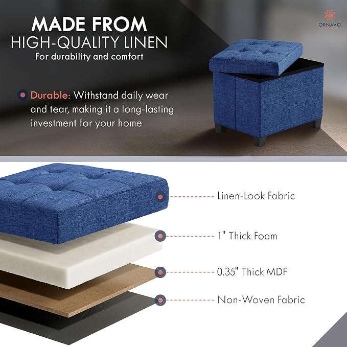Ornavo Home Small Rectangle Storage Ottoman with Legs, 12x16x12, Navy Blue | Foot Rest Stool Seat; Holds Up to 600 lbs; Ideal for Living Room, Bedroom, Home Office or Dorm