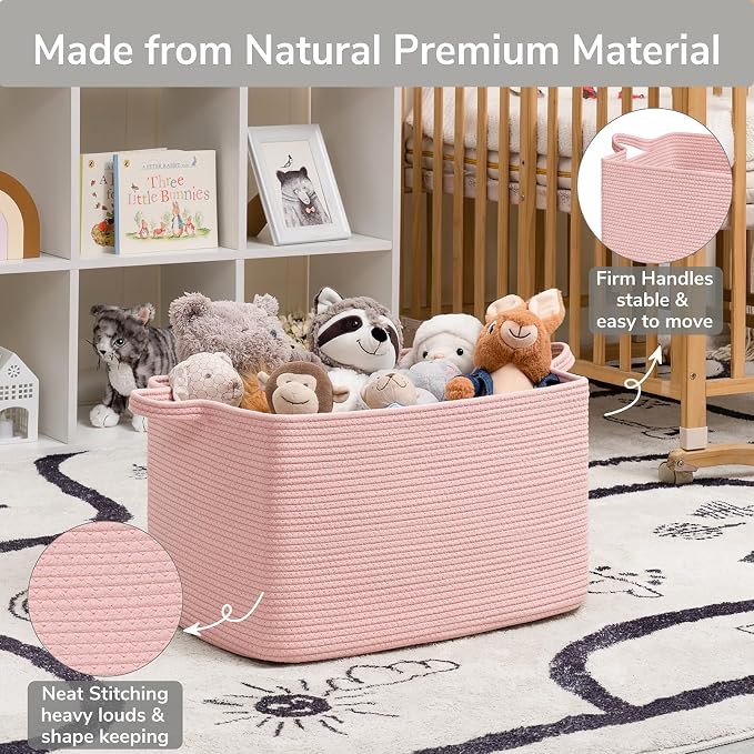 Goodpick Large Woven Storage Basket, Rectangle Toy Organizer, Pink | 21.6 x 14.9 x 11.8 in, Reinforced Handles, Living Room, Bedroom & Nursery Organization, Toys & Blankets Storage