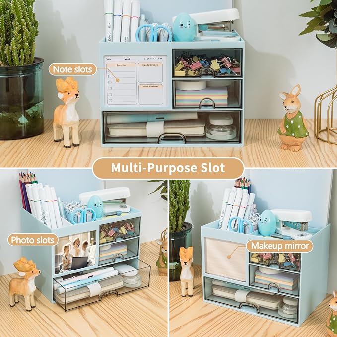 QIYVLOS Desk Organizer with 3 Drawer, Multi-Functional Pencil Pen Holder for Desk, Desk Organizers and Storage with 8 Compartments, Desktop Organizer for Office Home Art Supplies (Blue)