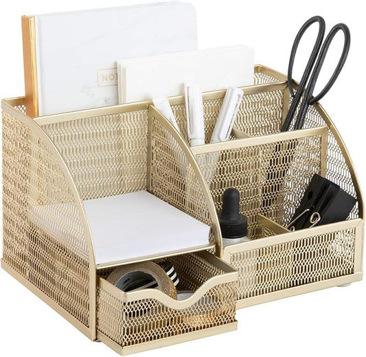 BLU MONACO | Gold Desk Organizer with Drawer | Metal Desktop Caddy with Six Compartments for Office Supplies | Stylish Desk Organizers and Accessories for Home or Office