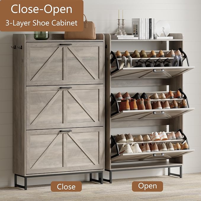 Shoe Cabinet with 3 Flip Drawers, Freestanding Hidden Shoe Storage Organizer for Entryway, Narrow Slim Shoe Rack Cabinet with Open Storage & Hooks for Front Door Entrance, Living Room, Hallway, Grey