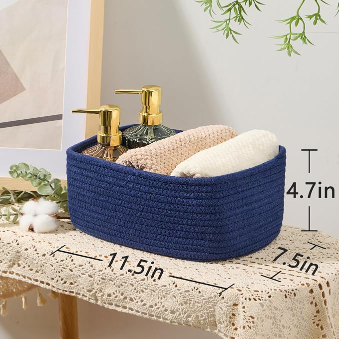 MiniArk Small Storage Baskets for Organizing | Closet Organizer Bins | Shelf Toy Basket | Woven Rope Baskets | Cube Decorative Box | Shallow Basket | 11.5x7.5x4.7” | 4 Packs Navy Blue