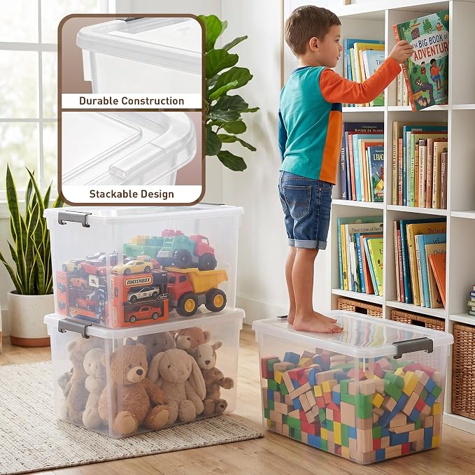 Citylife 6 Packs 44.4 QT Plastic Storage Bins with Lids Large Stackable Storage Containers for Organizing Clear Storage Box for Garage, Closet, Kitchen