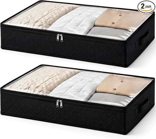 Fixwal Black Underbed Storage Bags with Clear Window and 2 Reinforced Handles Under Bed Storage Containers for Clothing, Bedding, Comforter (2 Pack)