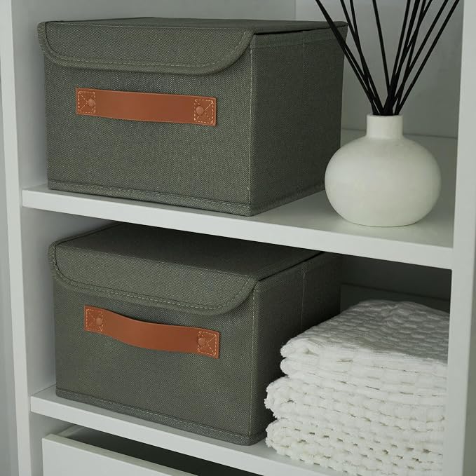 Decorative Linen Storage Boxes with Lids - Spacious Set of 2 Organizer Bins for Your Home Decor - The Perfect Small Container to Safely Store Photos, Documents and Memory Box Keepsakes in Style