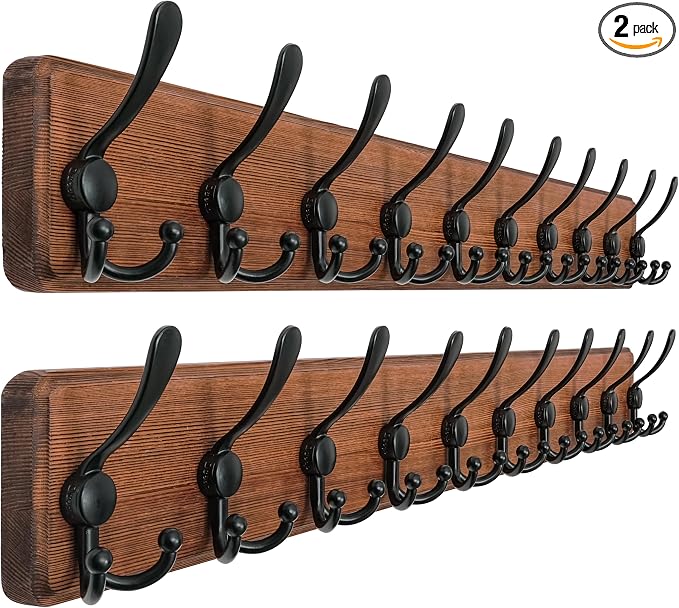 Coat Rack Wall - Heavy-Duty 38-1/4" Long, with Reinforced 10 Custom Tri-Hooks, Solid Wood Wall Hanger for Coats Hat Jackets - Rustic Farmhouse Entryway Storage, Natural & Black, Pack of 2