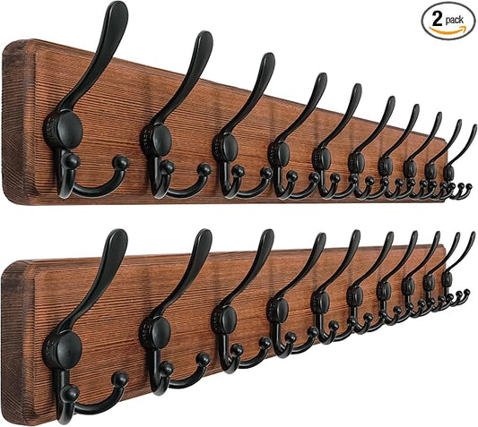 Coat Rack Wall - Heavy-Duty 38-1/4" Long, with Reinforced 10 Custom Tri-Hooks, Solid Wood Wall Hanger for Coats Hat Jackets - Rustic Farmhouse Entryway Storage, Natural & Black, Pack of 2