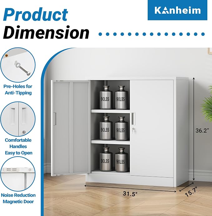 Metal Storage Cabinet, 36" Locking Cabinet with Adjustable Shelves for Garage, Office (White)