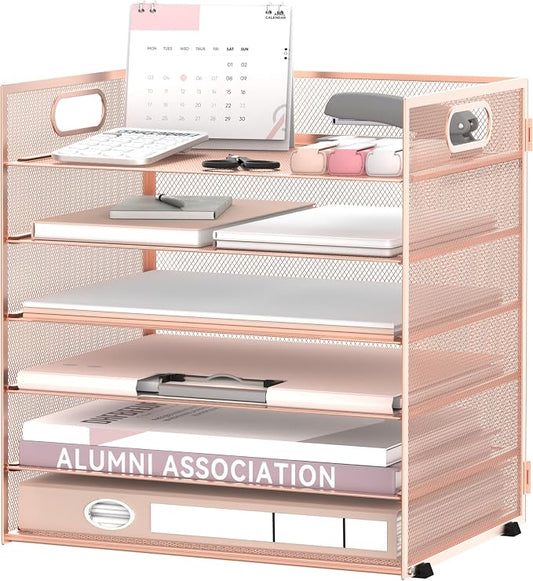 Daltack 6-Tier Paper Organizer for Desk with Handle, Rose Gold | Sturdy Metal Mesh Organizer with Movable Middle Trays and a Carry Handle for Papers, Folders and Office Supplies